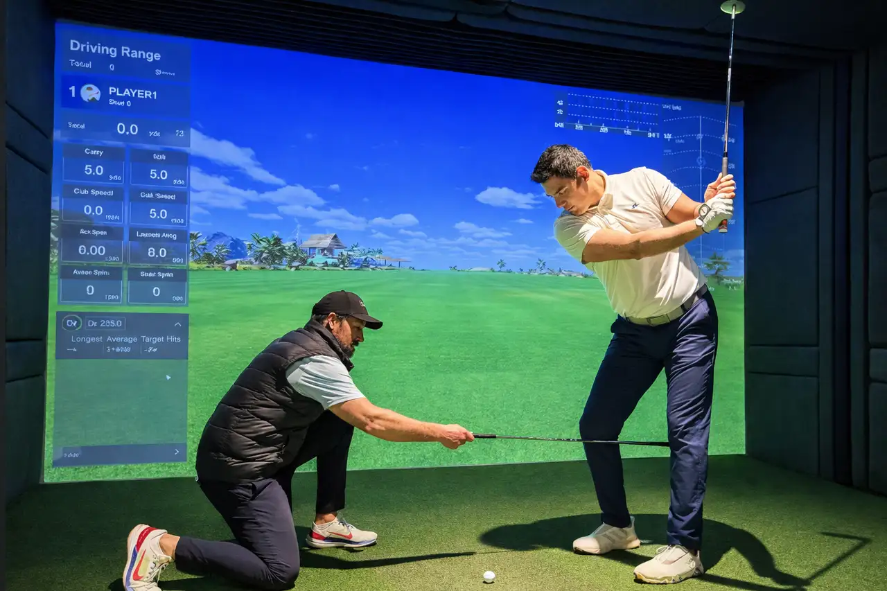 Professional golf coaching session at Diamond Golf Zon with instructor guiding a student's swing technique