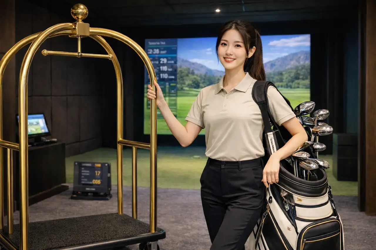 Diamond Golf Zon usher carrying a premium golf bag set through the facility for a guest